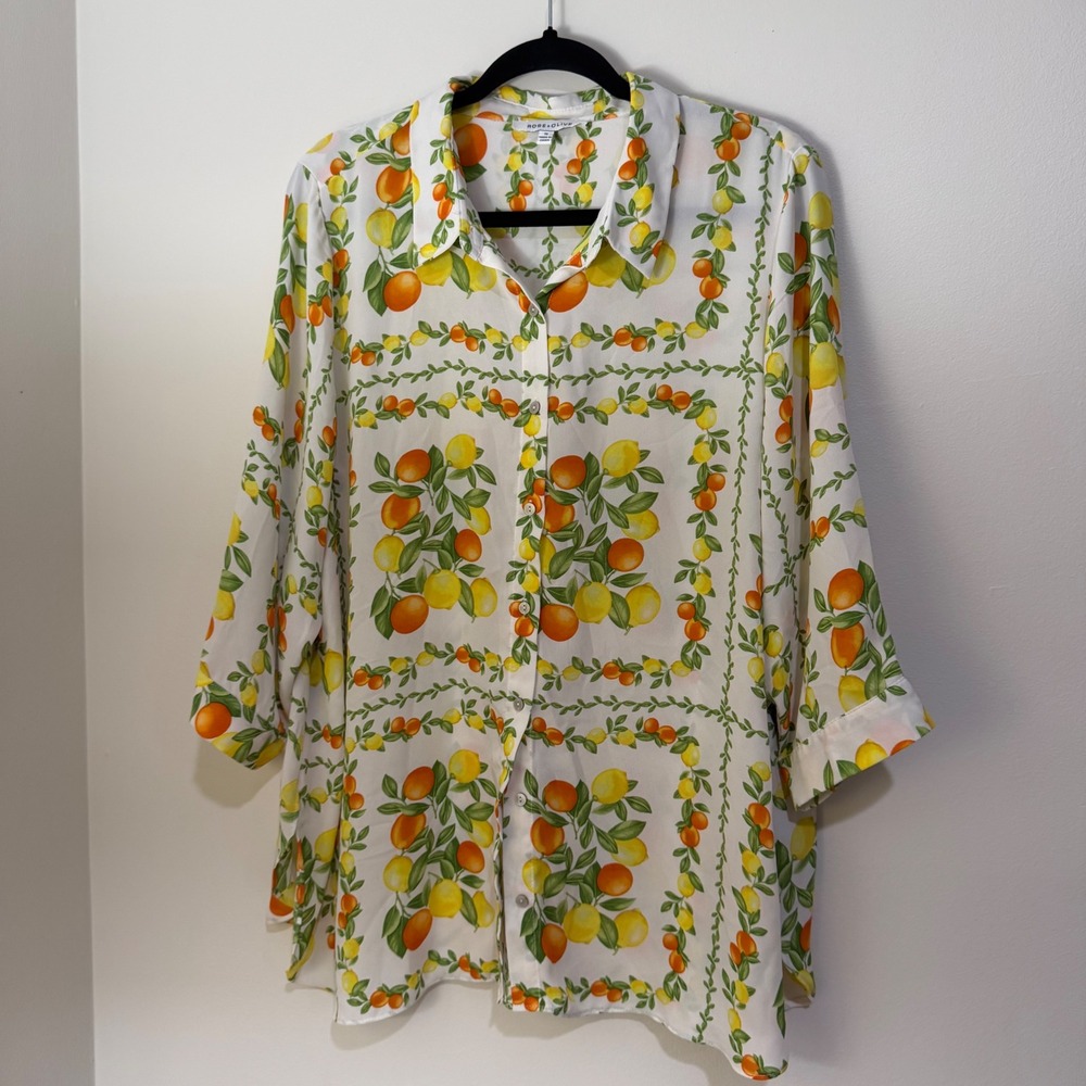 Rose + Olive Lemon Citrus Print Blouse Plus Size 1X Boho Cottagecore Button Up